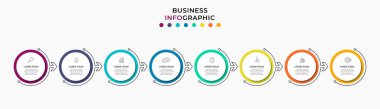 Vector Infographic tasarım iş şablonu simgeleri ve 8 seçenek veya adımla. İşlem şeması, sunumlar, iş akışı düzeni, afiş, akış şeması, bilgi grafiği için kullanılabilir