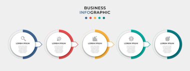 Vector Infographic Circle etiket tasarımı iş şablonu simgeleri ve 5 seçenek veya adımla. İşlem şeması, sunumlar, iş akışı düzeni, afiş, akış şeması, bilgi grafiği için kullanılabilir
