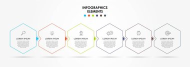 Vector Infographic tasarım iş şablonu simgeleri ve 6 seçenek veya adımla. İşlem şeması, sunumlar, iş akışı düzeni, afiş, akış şeması, bilgi grafiği için kullanılabilir
