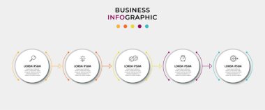 Vector Infographic tasarım iş şablonu simgeleri ve 5 seçenek veya adımla. İşlem şeması, sunumlar, iş akışı düzeni, afiş, akış şeması, bilgi grafiği için kullanılabilir