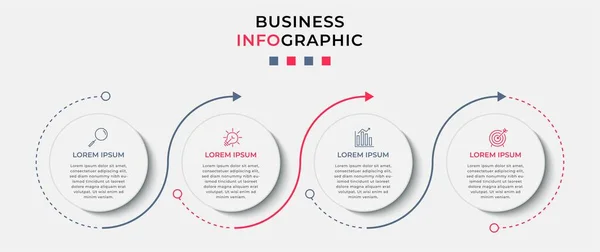 Asgari İş Bilgileri şablonu. 4 adımlı zaman çizelgesi, seçenekler ve pazarlama simgeleri. İki dairesel içerikli vektör doğrusal bilgi. Sunum için kullanılabilir.