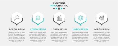 Vector Infographic tasarım iş şablonu simgeleri ve 5 seçenek veya adımla. İşlem şeması, sunumlar, iş akışı düzeni, afiş, akış şeması, bilgi grafiği için kullanılabilir