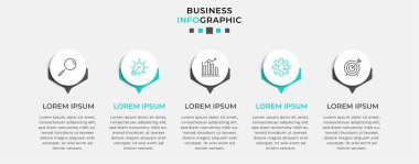 Vector Infographic tasarım iş şablonu simgeleri ve 5 seçenek veya adımla. İşlem şeması, sunumlar, iş akışı düzeni, afiş, akış şeması, bilgi grafiği için kullanılabilir