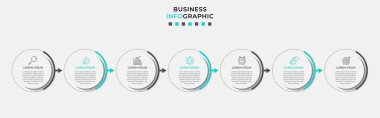 Vektör Infographic tasarım iş şablonu simgeleri ve 7 seçenek veya adımla. İşlem şeması, sunumlar, iş akışı düzeni, afiş, akış şeması, bilgi grafiği için kullanılabilir