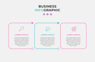 Vector Infographic tasarım iş şablonu simgeleri ve 3 seçenek veya adımla. İşlem şeması, sunumlar, iş akışı düzeni, afiş, akış şeması, bilgi grafiği için kullanılabilir