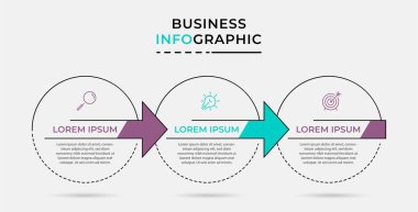 Vektör Infographic tasarım iş şablonu simgeleri ve 3 seçenek veya adımla. İşlem şeması, sunumlar, iş akışı düzeni, afiş, akış şeması, bilgi grafiği için kullanılabilir