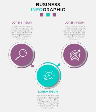 Vektör Infographic tasarım iş şablonu simgeleri ve 3 seçenek veya adımla. İşlem şeması, sunumlar, iş akışı düzeni, afiş, akış şeması, bilgi grafiği için kullanılabilir
