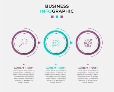 Vektör Infographic tasarım iş şablonu simgeleri ve 3 seçenek veya adımla. İşlem şeması, sunumlar, iş akışı düzeni, afiş, akış şeması, bilgi grafiği için kullanılabilir