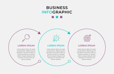 Vektör Infographic tasarım iş şablonu simgeleri ve 3 seçenek veya adımla. İşlem şeması, sunumlar, iş akışı düzeni, afiş, akış şeması, bilgi grafiği için kullanılabilir