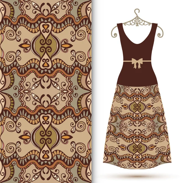 Mode nahtlose geometrische Muster, Frauenkleid auf einem Kleiderbügel, Einladungskarte Design. — Stockvektor