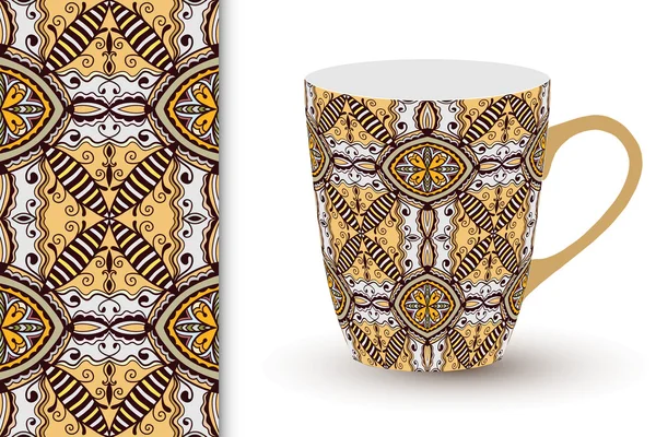 Nahtlose geometrische Muster und Tasse mit dekorativem Ornament. — Stockvektor