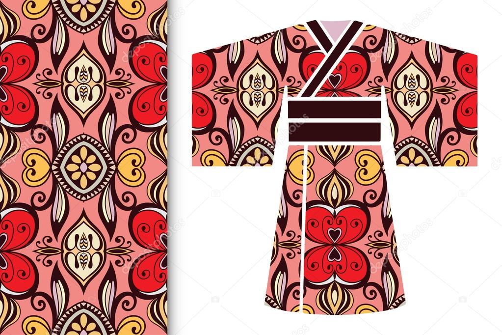 Decorative stylized Japanese kimono ethnic clothes with seamless floral pattern