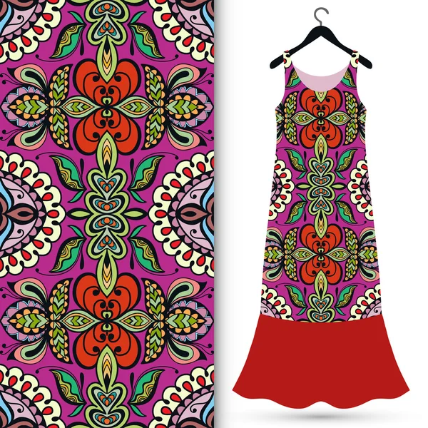 Fashion sömlös geometriska mönster, womens klänning på en galge, inbjudan kortdesign. — Stock vektor