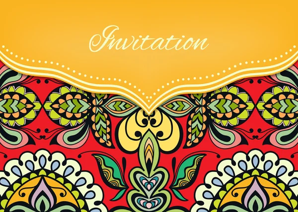 Tarjeta de invitación o boda con fondo ornamentado, patrón de encaje étnico tribal, ilustración vectorial — Vector de stock