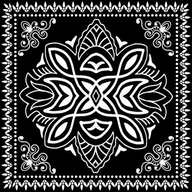 Siyah Bandana baskı, ipek boyun eşarp veya fular kare desen tasarım stili kumaş, vektör çizim yazdırma