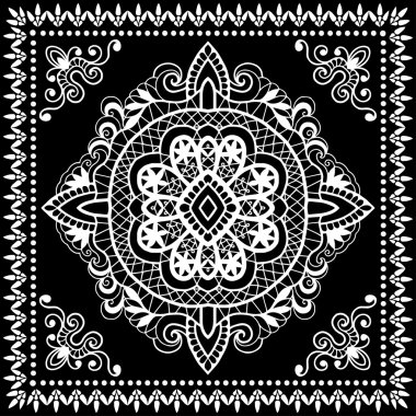 Siyah Bandana baskı, ipek boyun eşarp veya fular kare desen tasarım stili kumaş, vektör çizim yazdırma