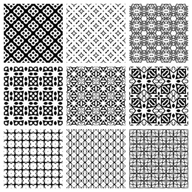 Siyah ve Beyaz dizi kesintisiz geometrik desenler, basit tasarım öğeleri koleksiyonu, tek renkli arka plan