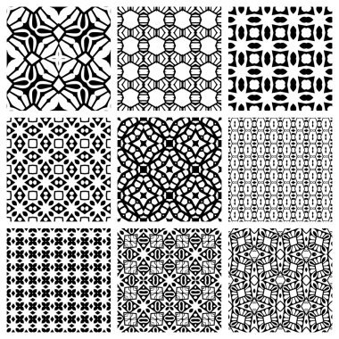 Siyah ve Beyaz dizi kesintisiz geometrik desenler, basit tasarım öğeleri koleksiyonu, tek renkli arka plan