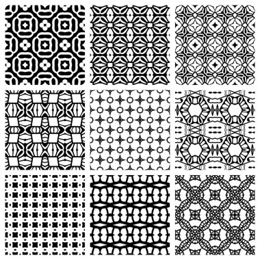 Siyah ve Beyaz dizi kesintisiz geometrik desenler, basit tasarım öğeleri koleksiyonu, tek renkli arka plan