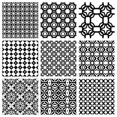 Siyah ve Beyaz dizi kesintisiz geometrik desenler, basit tasarım öğeleri koleksiyonu, tek renkli arka plan