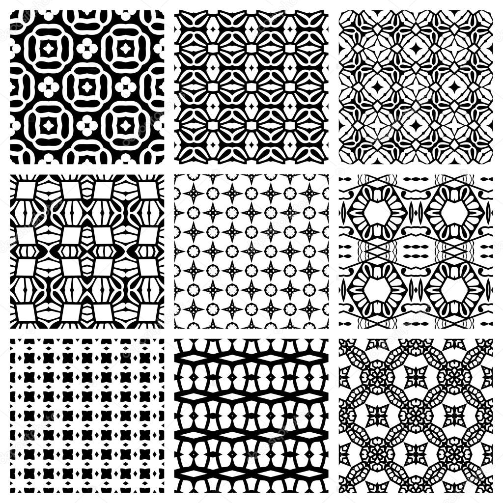 Black and white Set of seamless geometric patterns, simple design elements collection, monochrome background