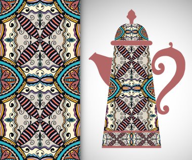 Çaydanlık Dekoratif süsleme ve dikey seamless modeli, el çekilmiş doku davetiyeler veya kartları için