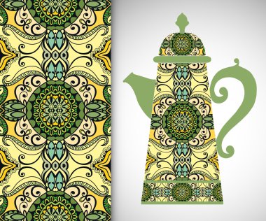Çaydanlık Dekoratif süsleme ve dikey seamless modeli, el çekilmiş doku davetiyeler veya kartları için