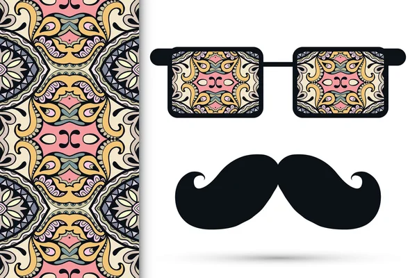 Ретро-хипстерские солнцезащитные очки с орнаментом и усами, бесшовный цветочный геометрический узор . — стоковый вектор