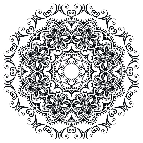 曼荼罗圆装饰，部落的族裔的伊斯兰的阿拉伯文的印度的母题。手绘制黑白相间的花纹 — 图库矢量图片