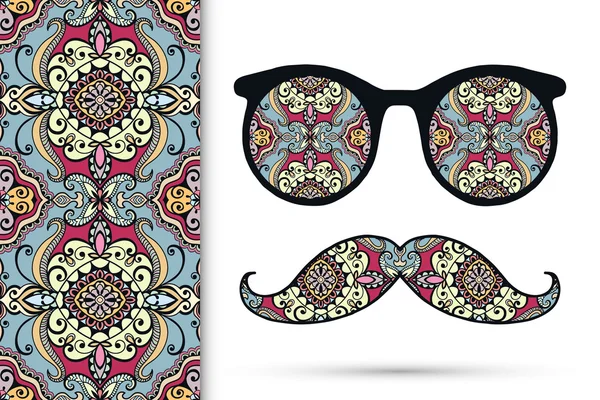 Vetor ornamentado óculos de sol retro bigodes e padrão geométrico floral sem costura, hipster ilustração da moda — Vetor de Stock