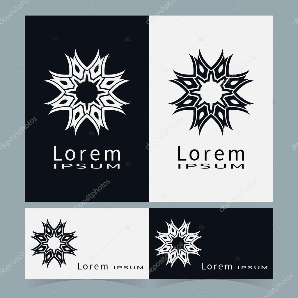 Black and white symbol stylized flower collection, logo icon design Business cards set. Vector abstract shape line art
