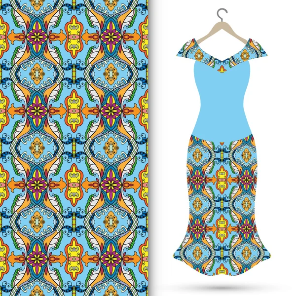 Женское платье на вешалке и бесшовный геометрический узор — стоковый вектор