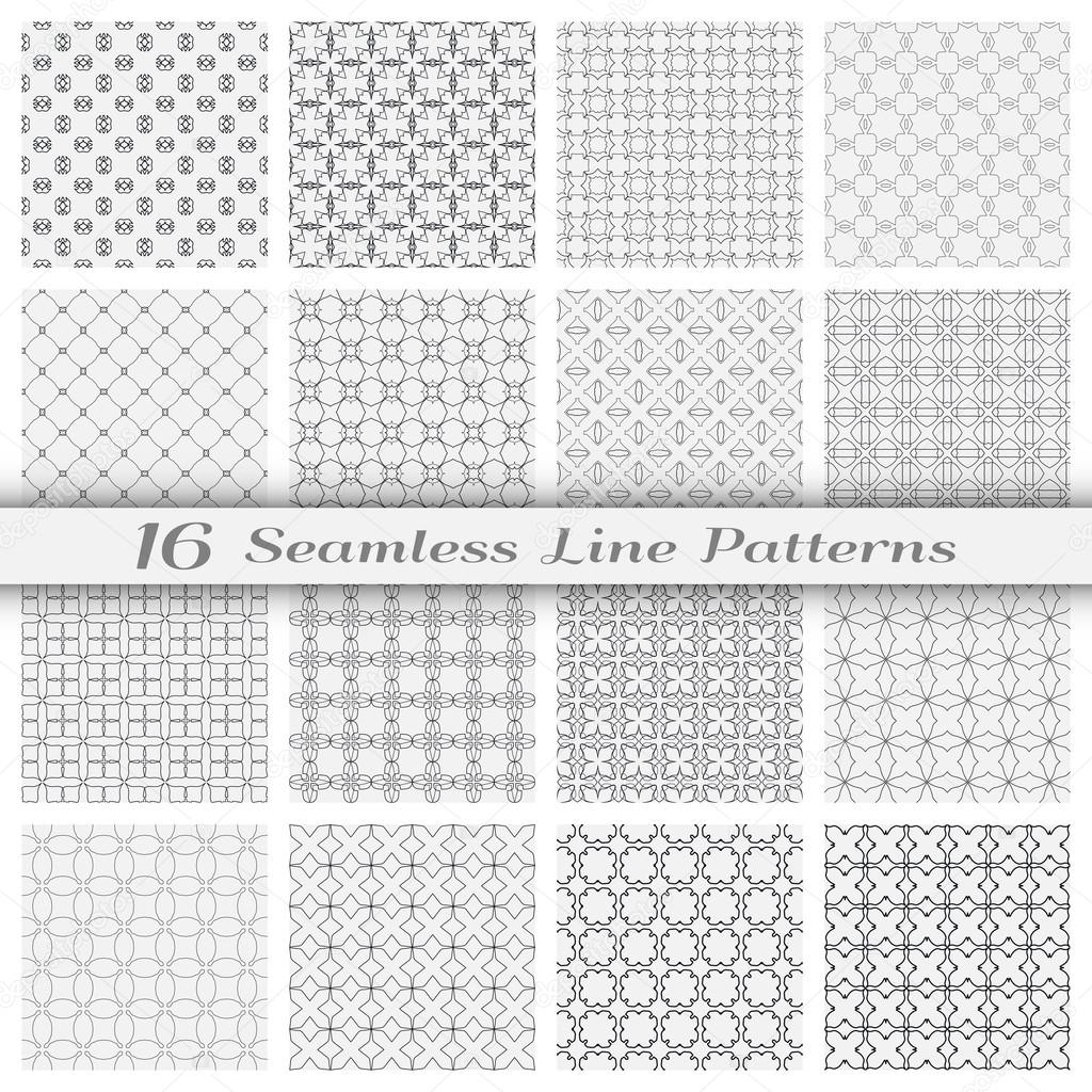 Set of sixteen seamless linear patterns with thin lines