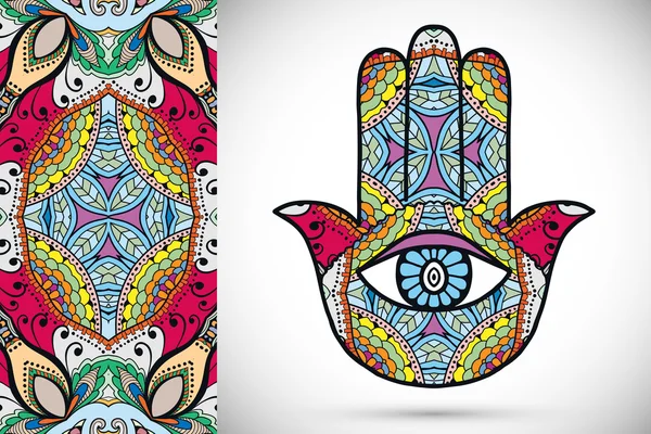 Boho hamsa hand bescherming amulet, symbool van kracht en geluk met semless geometrisch patroon vector — Stockvector