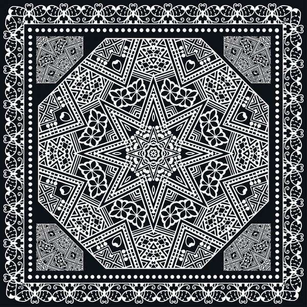 Patrón cuadrado abstracto con adorno geométrico, estampado de chal de bandana negra — Vector de stock