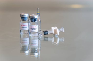 Yakın çekim çift tüp COVID-19 Coronvavirus aşısı. Önünde bir şırınga, önünde de iğne ucu var. 103.