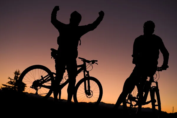The winners - mountainbikers on the top — Stock Photo, Image