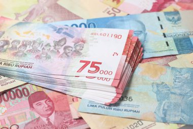 Rastgele Düzenleme Fotoğraf Rupiah Kağıt Para, 10000, 50000, 100000 ve 75.000 Beyaz Arkaplanda