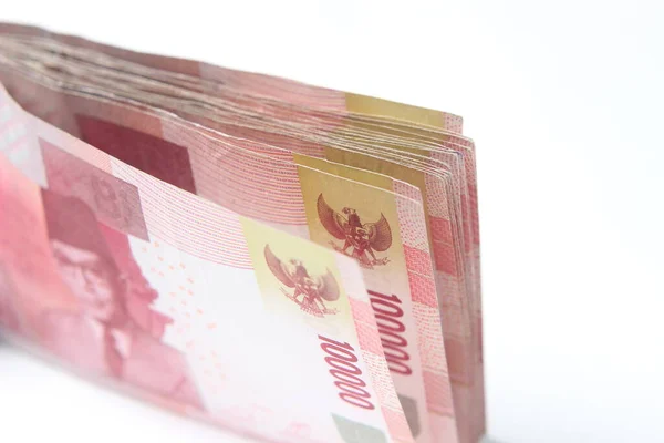 Foto Rupiah Paper Money Close Van 100000 Witte Achtergrond — Stockfoto