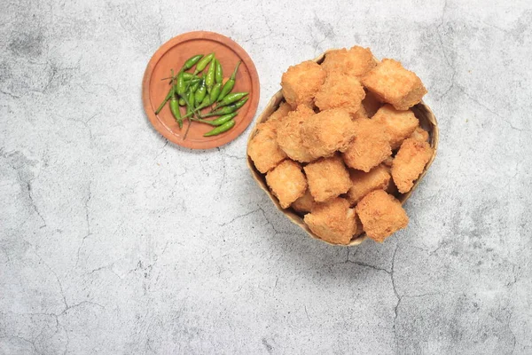 Foto Flat Lay Tahu Krispi Eller Krispig Tofu Och Grön — Stockfoto