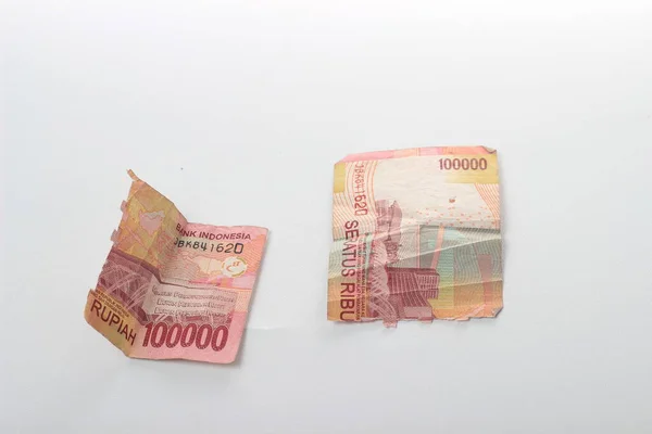 Έννοια Photo Rupiah Paper Money Torn Broken 100000 Πάνω Όψη — Φωτογραφία Αρχείου