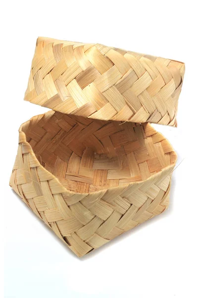 Empty Besek Caja Caja Comida Contenedor Hecha Bambú Tejido Fondo —  Fotos de Stock