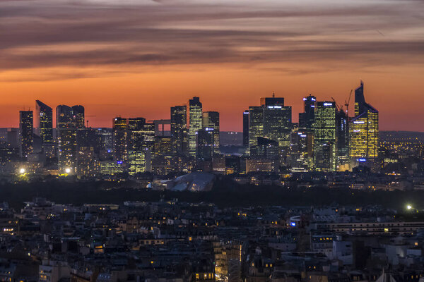 Aerial view of La Defense in Paris at sunset
