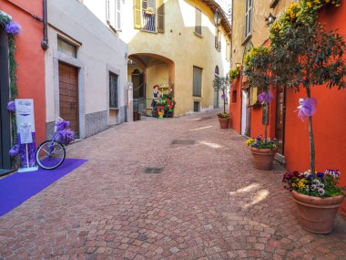 Luino, İtalya - 04-19-2021: Luino 'nun tarihi merkezinde çiçekler, lavanta ve porfiri ile güzel bir cadde