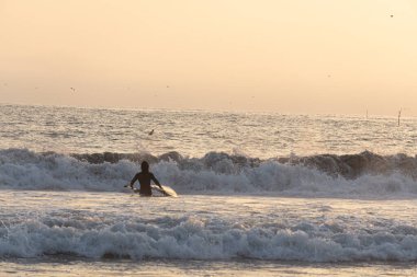 Sörfçü tahtayla denize giriyor..