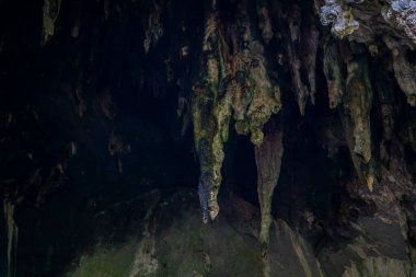 Sarkıtlar ve engebeli mineral kaya oluşumları doğal bir mağara girişinden sarkan jeolojik dokuları, derin gölgeleri, erozyon detaylarını ve dramatik bir yeraltı ortamındaki toprak tonlarını gösteriyor..