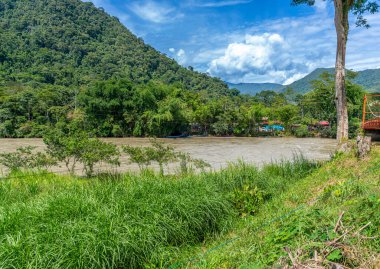 Ro Monzn, Peru Tingo Mara 'da yemyeşil dağların yanında akıyor. Parlak gökyüzü, yoğun bitki örtüsü ve canlı tropikal manzara seyahat, doğa ve açık hava temaları için ideal doğal bir manzara yaratır..