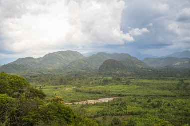 Bereketli yeşil tepeler ve yoğun yağmur ormanları dramatik bulutlar altında Peru ormanları boyunca uzanıyor, doğa, vahşi doğa, seyahat, iklim ve çevre temaları için ideal canlı tropikal manzaralar yaratıyor..