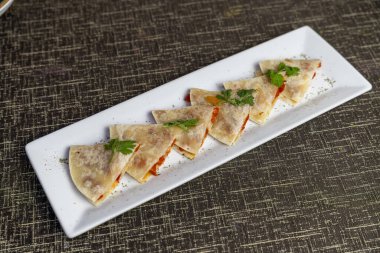 Dikdörtgen bir tabakta servis edilen gurme Quesadilla dilimleri. Restoran menüleri, yemek servisleri, barlar, günlük yemekler, yemek promosyonları ve modern gastronomi için Meksika 'dan esinlenilmiş aperatif..