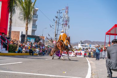 Marinera dansçıları, bir at binicisinin ve renkli kostümlerin yer aldığı bir sivil geçit töreninde geleneksel Peru dansı yapıyorlar. Seyirciler, Peru 'daki folklor, kültür mirası ve ulusal gururu ön plana çıkararak sokaktan izliyor.